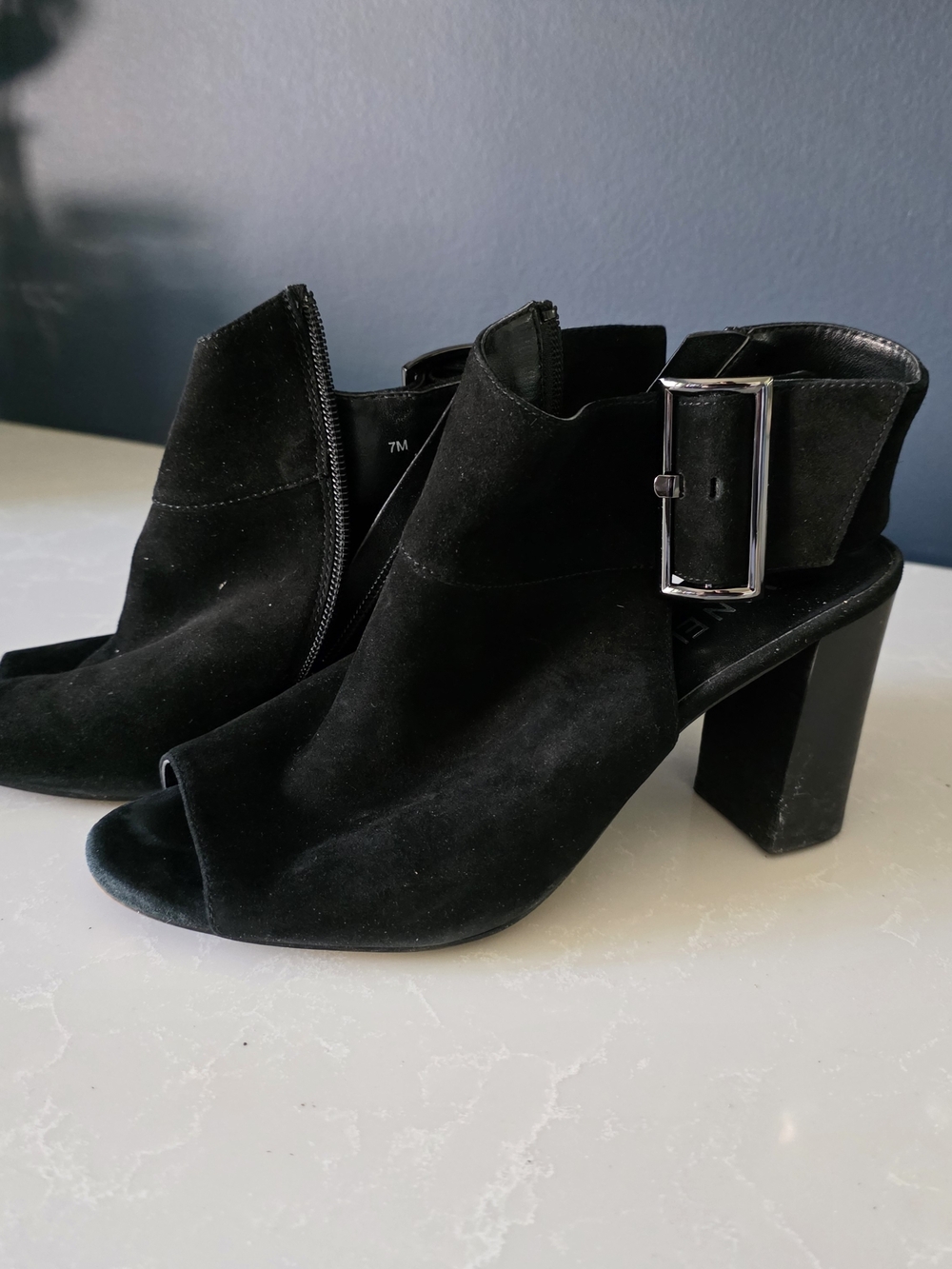 Van Eli Black Suede Peep-Toe Block Heel Sandals with Buckle Detail